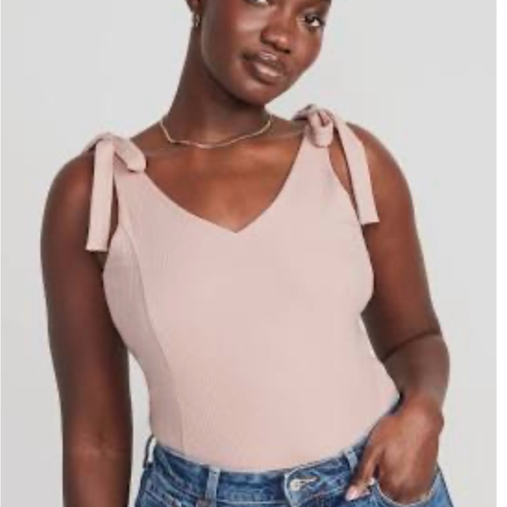 Blush Pink Tie-Shoulder V-Neck Rib-Knit Bodysuit